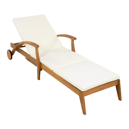 CHAISE LOUNGE WITH WHEEL - ACACIA WOOD RECLINER FOR PATIO/GARDEN, WITH 2INCH WHITE CUSHION, 4-POSITION ADJUSTABLE BACKREST, VERSATILE OUTDOOR FURNITURE (Only 1 SET: 1 frame+ 1 Cushion) image 8