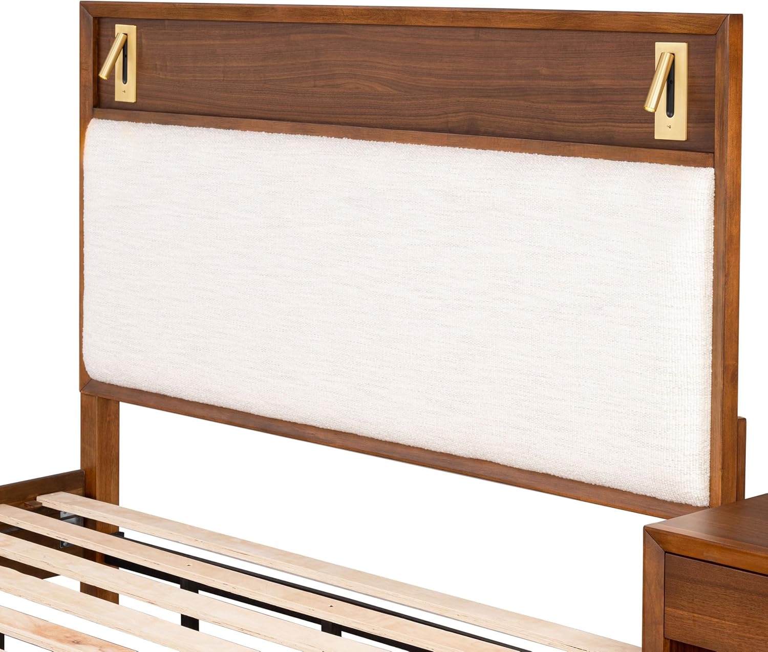 Mid-Century Modern Beautiful 1pc Queen Size Bed Walnut Solid wood Upholstered HB w Reading Light Bedroom Furniture image 8