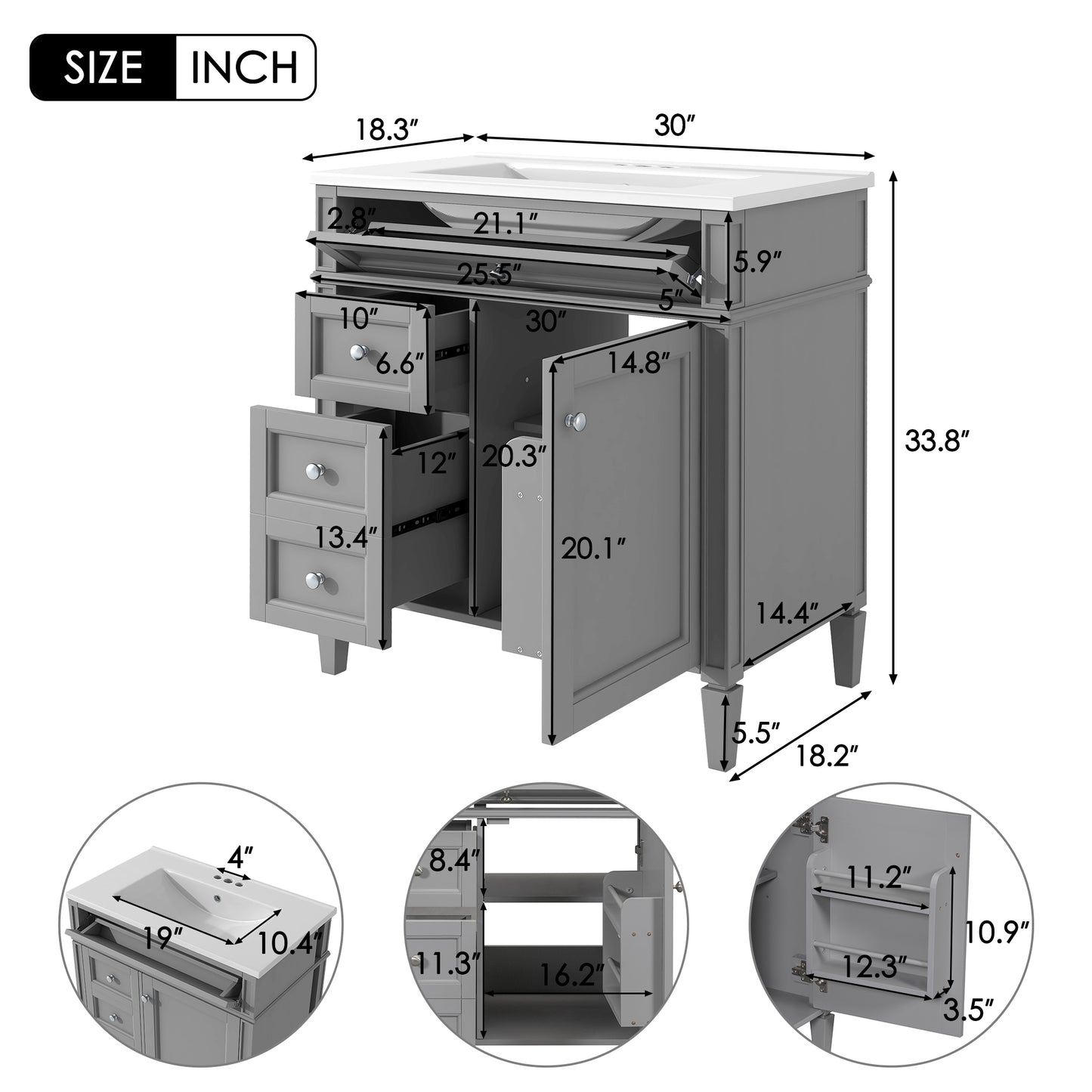 30'' Bathroom Vanity with Top Sink, Modern Bathroom Storage Cabinet with 2 Drawers and a Tip-out Drawer, Single Sink Bathroom Vanity image 8