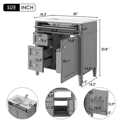30'' Bathroom Vanity with Top Sink, Modern Bathroom Storage Cabinet with 2 Drawers and a Tip-out Drawer, Single Sink Bathroom Vanity image 8