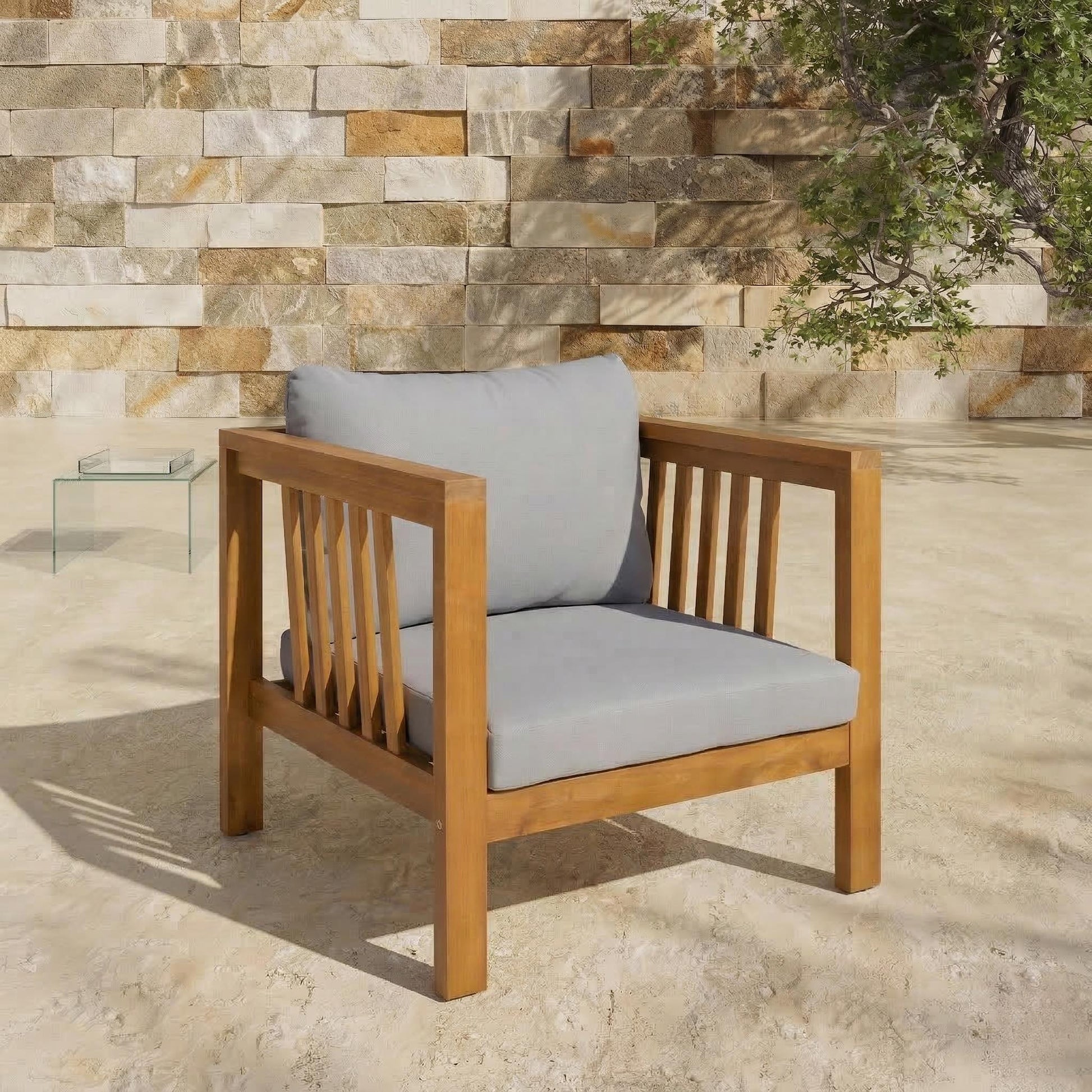 Outdoor Acacia Wood Club Chair with Modern Square Arms, Patio Chair with Thick Cushion, Adjustable Leveling Feet for Poolside, Backyard & Deck, Grey Cushion image 3