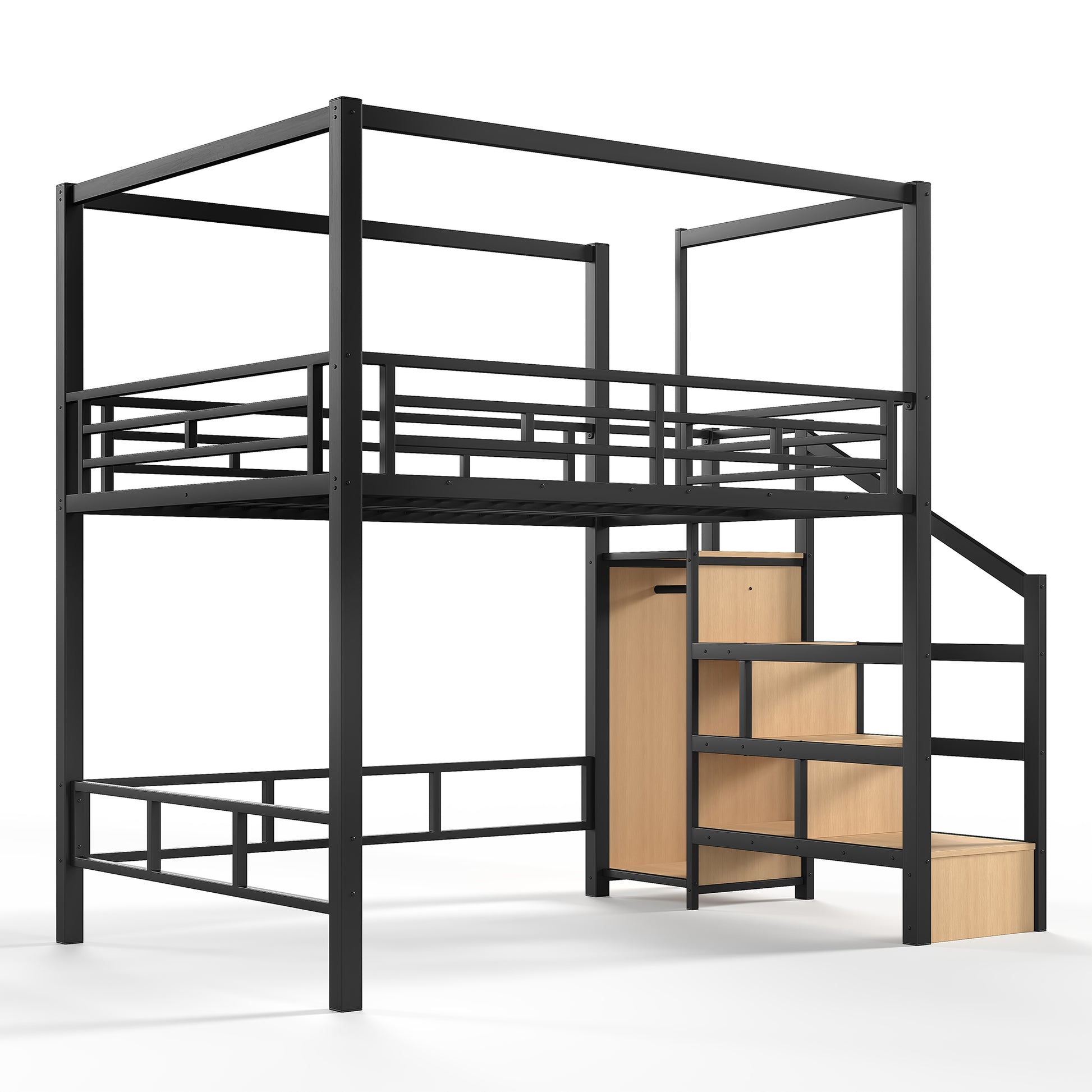 Full Loft Bed with Storage Stairs and Wardrobe, Metal Loft Bed with Canopy Frame, Ample Underbed Spaces Design, Black image 9