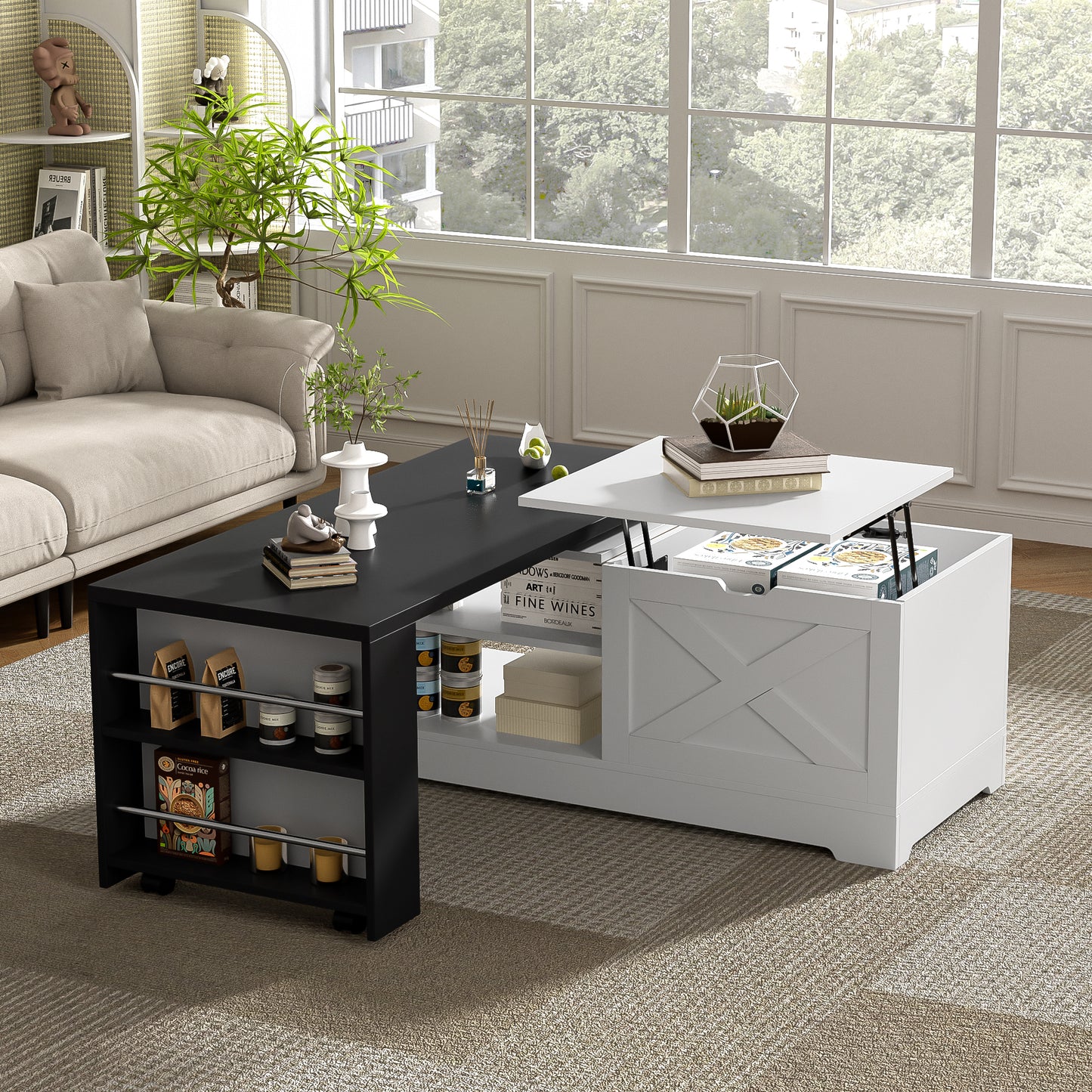 U-Can Farmhouse Lift Top Coffee Table With Barn Doors, Wood Rectangle Center Table With Large Hidden Storage Space And Open Cabinet, For Living Room, Bedroom, Home Office image 1