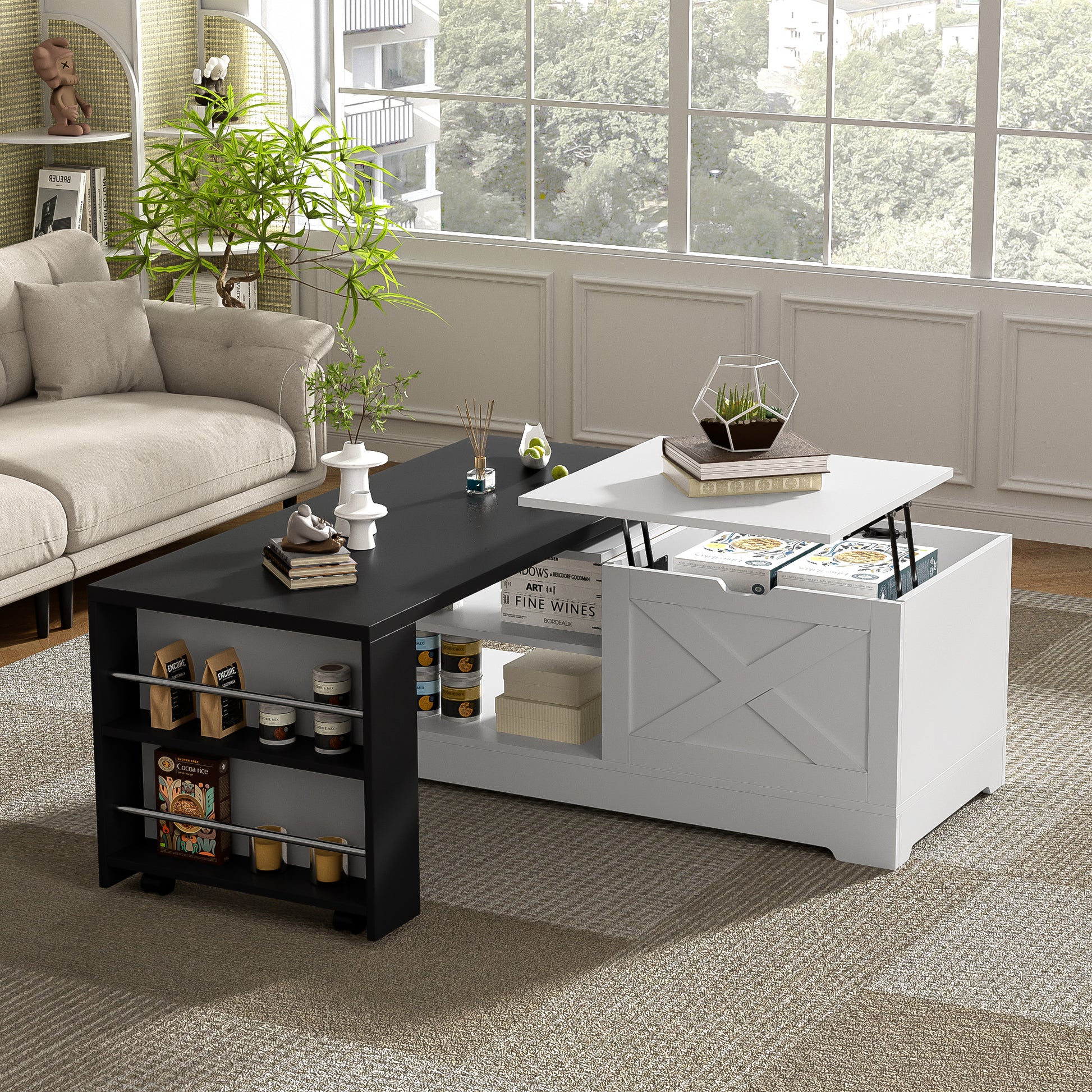 U-Can Farmhouse Lift Top Coffee Table With Barn Doors, Wood Rectangle Center Table With Large Hidden Storage Space And Open Cabinet, For Living Room, Bedroom, Home Office image 1