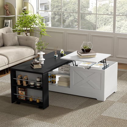 U-Can Farmhouse Lift Top Coffee Table With Barn Doors, Wood Rectangle Center Table With Large Hidden Storage Space And Open Cabinet, For Living Room, Bedroom, Home Office image 1