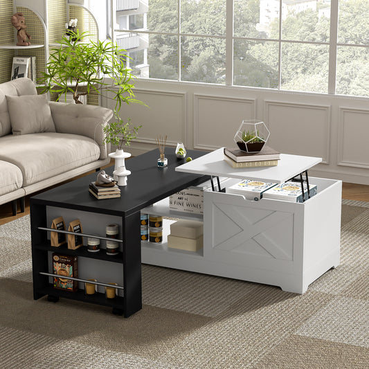 U-Can Farmhouse Lift Top Coffee Table With Barn Doors, Wood Rectangle Center Table With Large Hidden Storage Space And Open Cabinet, For Living Room, Bedroom, Home Office image 1