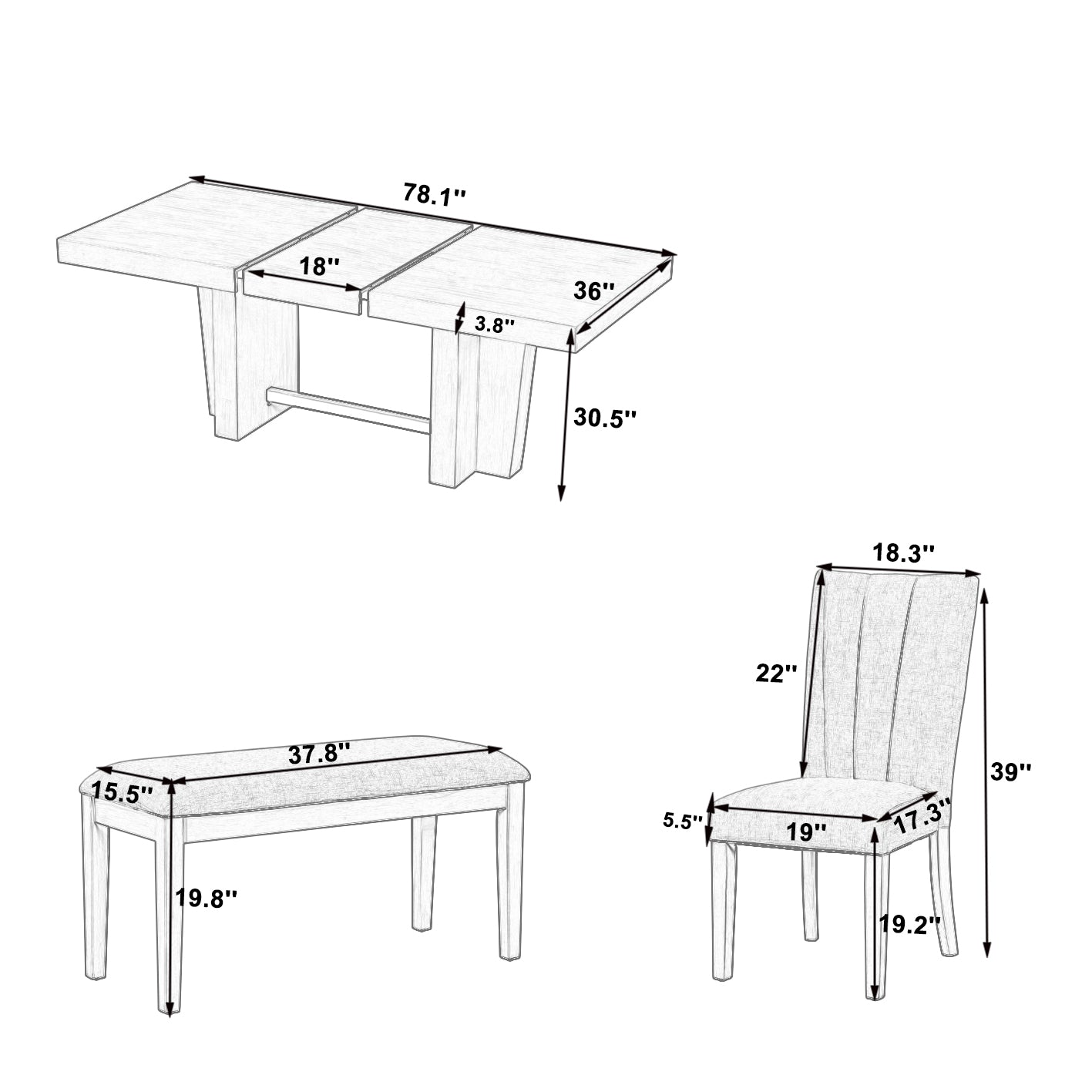 TOPMAX Farmhouse 78.1inch Extendable Wood Dining Table Set for 6, Kitchen Table Set with Bench and 4 Upholstered Chairs,3.8inch Thick Tabletop and Trestle Legs for Kitchen, Dining Room, Brown+Gray image 11