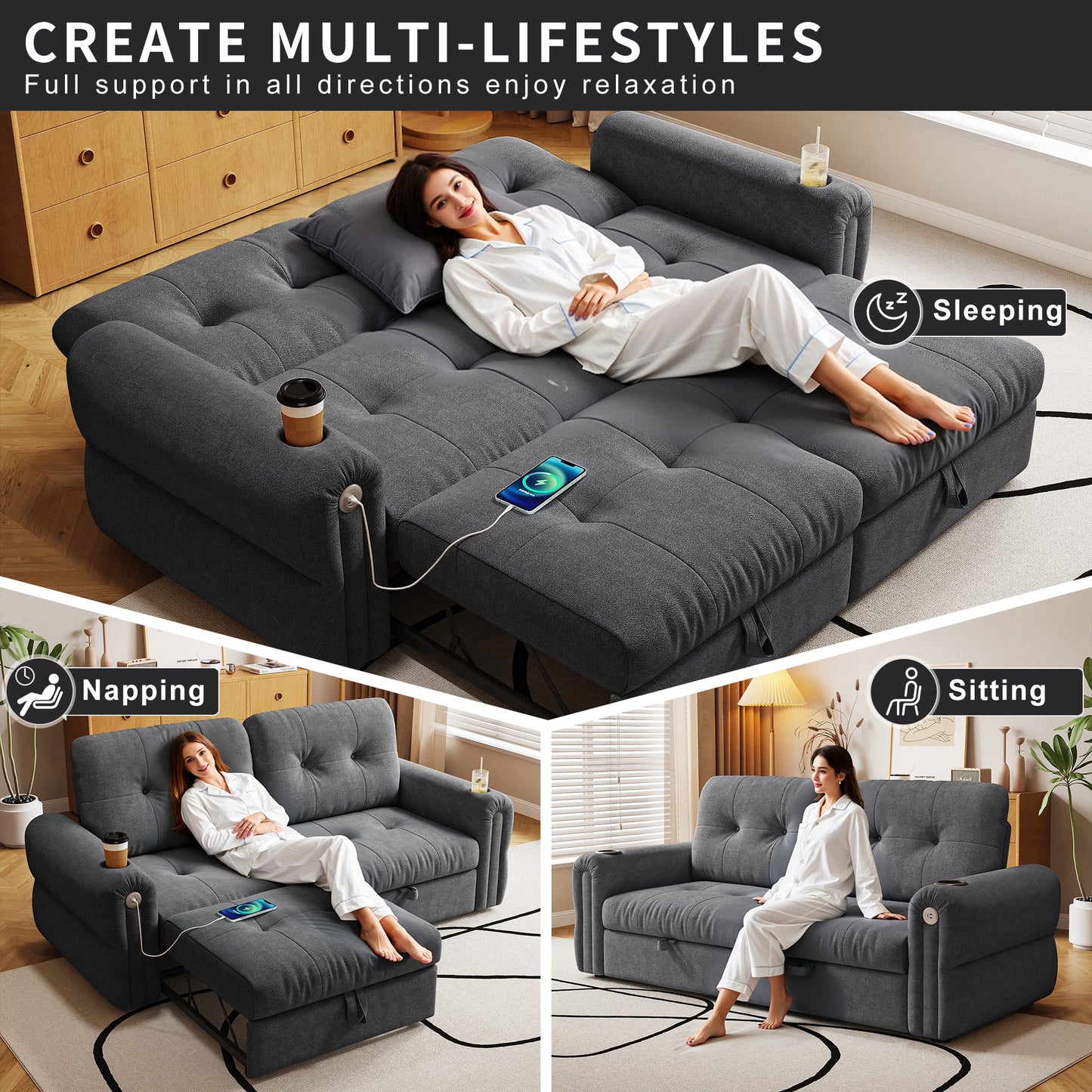 It is a multi-functional sofa, a 77-inch convertible sofa bed, and a 2-in-1 piece suitable for both sitting and lying down. Made of Chenille fabric, it is suitable for living rooms, bedrooms image 6