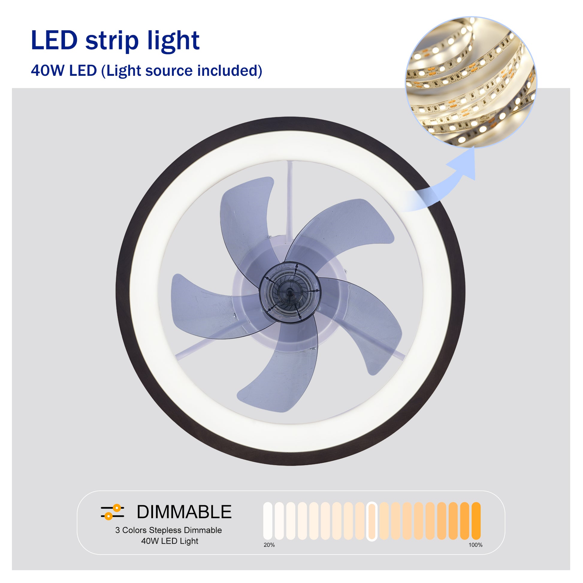 20" Modern Flush Mount Ceiling Fans with Lights Kit (LED), 3000-6500K Dimmable LED Fan Light, 6 Speeds, Quiet DC Motor For Living room, Bedroom,Kitchen----Wood+White image 12