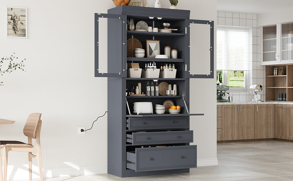 [Assembly Video Provided] TOPMAX 36x16.5x78inch Freestanding Kitchen Pantry Storage Cabinet,Multifunctional Cupboard with 3 Drawers,Adjustable Shelves and Power Outlet for Dining and Living Room,Grey image 6