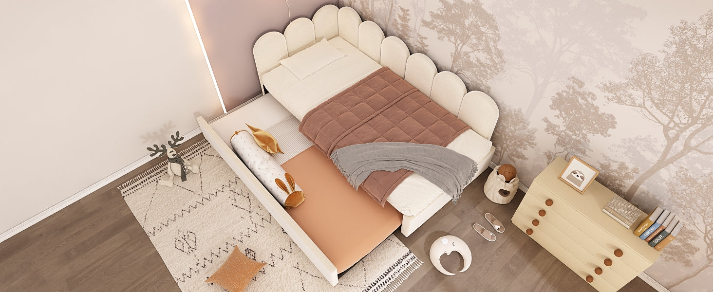 Upholstered Bed Daybed With Pull-Out Bed, Twin Size Single Sofa Bed,Guest Beds For Adults and Children, Bed With Metal Slatted Frame, Velvet, Beige (Without Mattress) image 8
