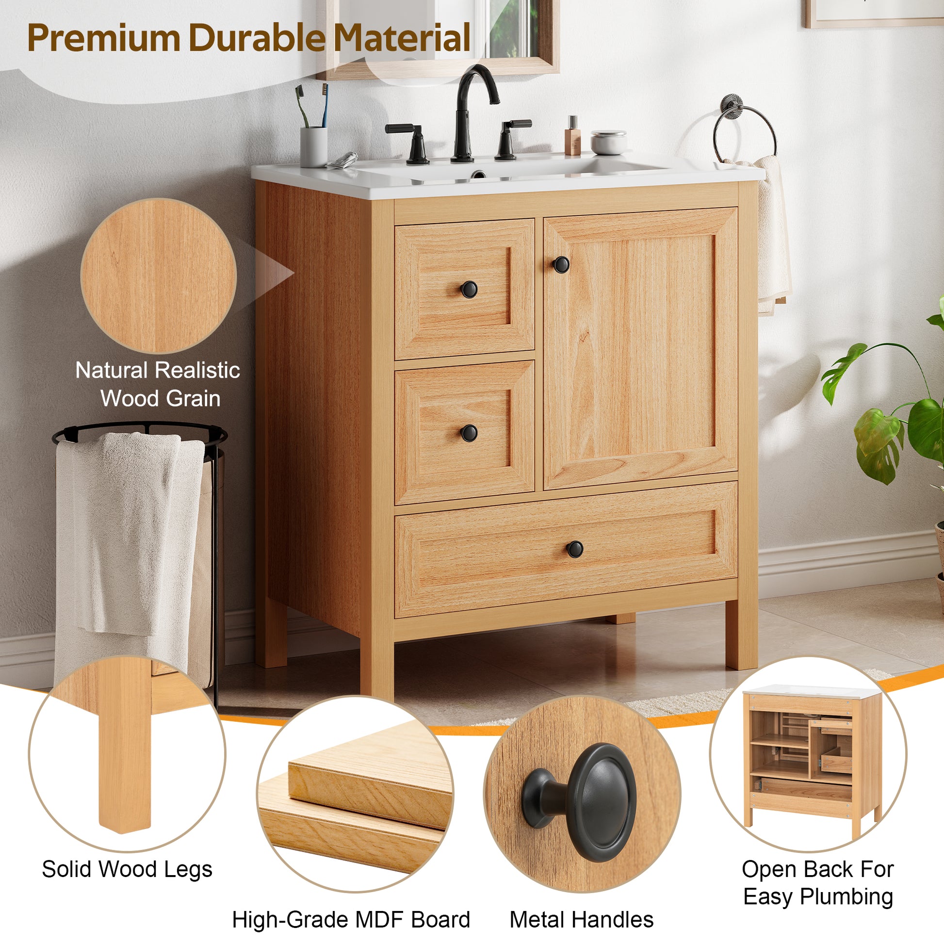 [Video] 30" Wood Grain Bathroom Vanity with Ceramic Sink, Solid Wood Legs, Adjustable Shelf & Full Soft-Close Drawers & Door, Storage Rack, Open Back Design image 8