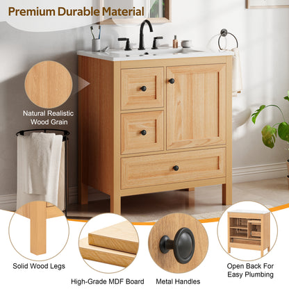 [Video] 30" Wood Grain Bathroom Vanity with Ceramic Sink, Solid Wood Legs, Adjustable Shelf & Full Soft-Close Drawers & Door, Storage Rack, Open Back Design image 8