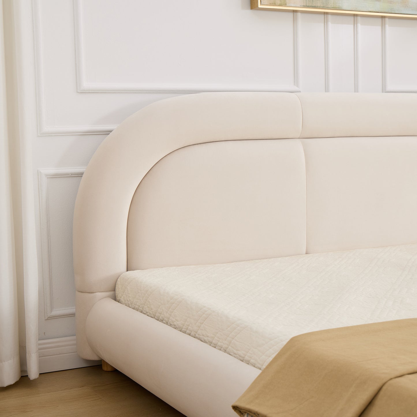 King Size,Modern Curved Upholstered Low Profile Platform Bed with Rounded Headboard(Velvet,Beige) image 4