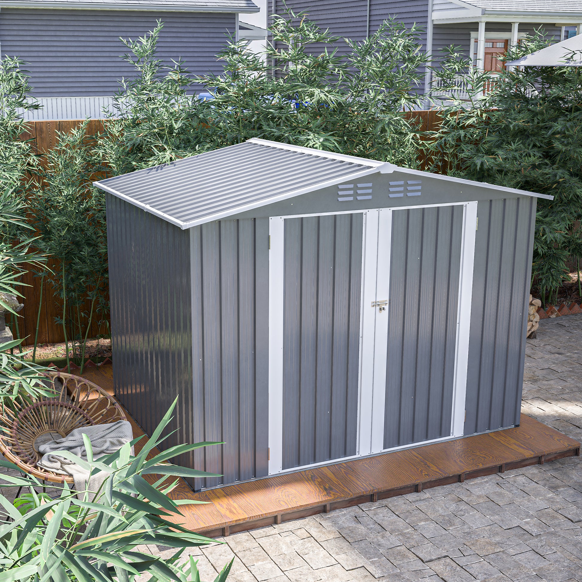 8 x 6 FT Outdoor Waterproof Garden Tool Storage Sheds with Metal Foundation with Floor Frame, Tool Shed with Lockable Hinged Doors & Air Vents, Storage House Waterproof for Backyard, Lawn, Gray image 10