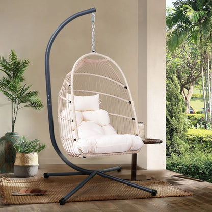 Foldable Hanging Egg Chair with Stand and Pillow, HDPE Rattan and Heavy Duty Aluminum-Steel Frame, Outdoor Patio Wicker Swing Egg Chair with Headrest and Cushioned, 350 Lbs Capacity (White) image 6