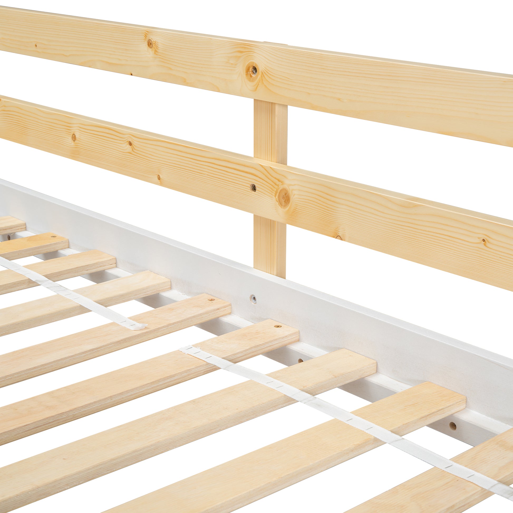 Twin over Twin House Bunk Bed with Roof, Window, Window Box, Door, with Safety Guardrails and Ladder, Natural/White image 3