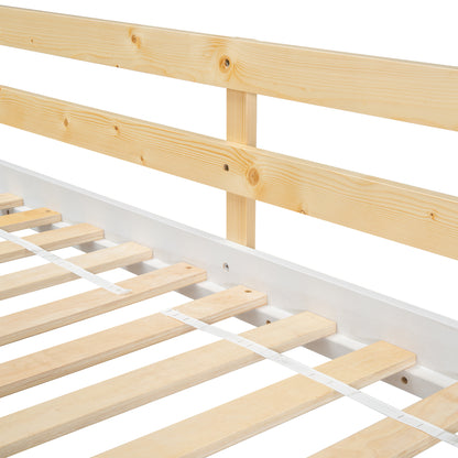 Twin over Twin House Bunk Bed with Roof, Window, Window Box, Door, with Safety Guardrails and Ladder, Natural/White image 3