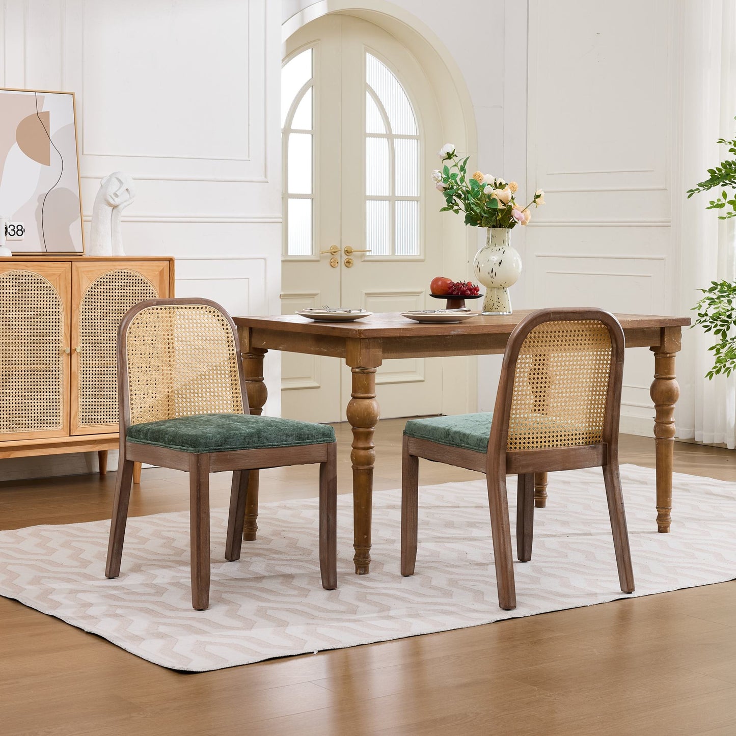 Set of 2 Curved Arched Cane Back Dining Chairs,Mid Century Farmhouse Side Chairs,Distressed Solid Wood Frame,Chenille Cushion with S-Spring and Sponge,Armless Accent Chairs for Kitchen,Green,SW1899OL image 1