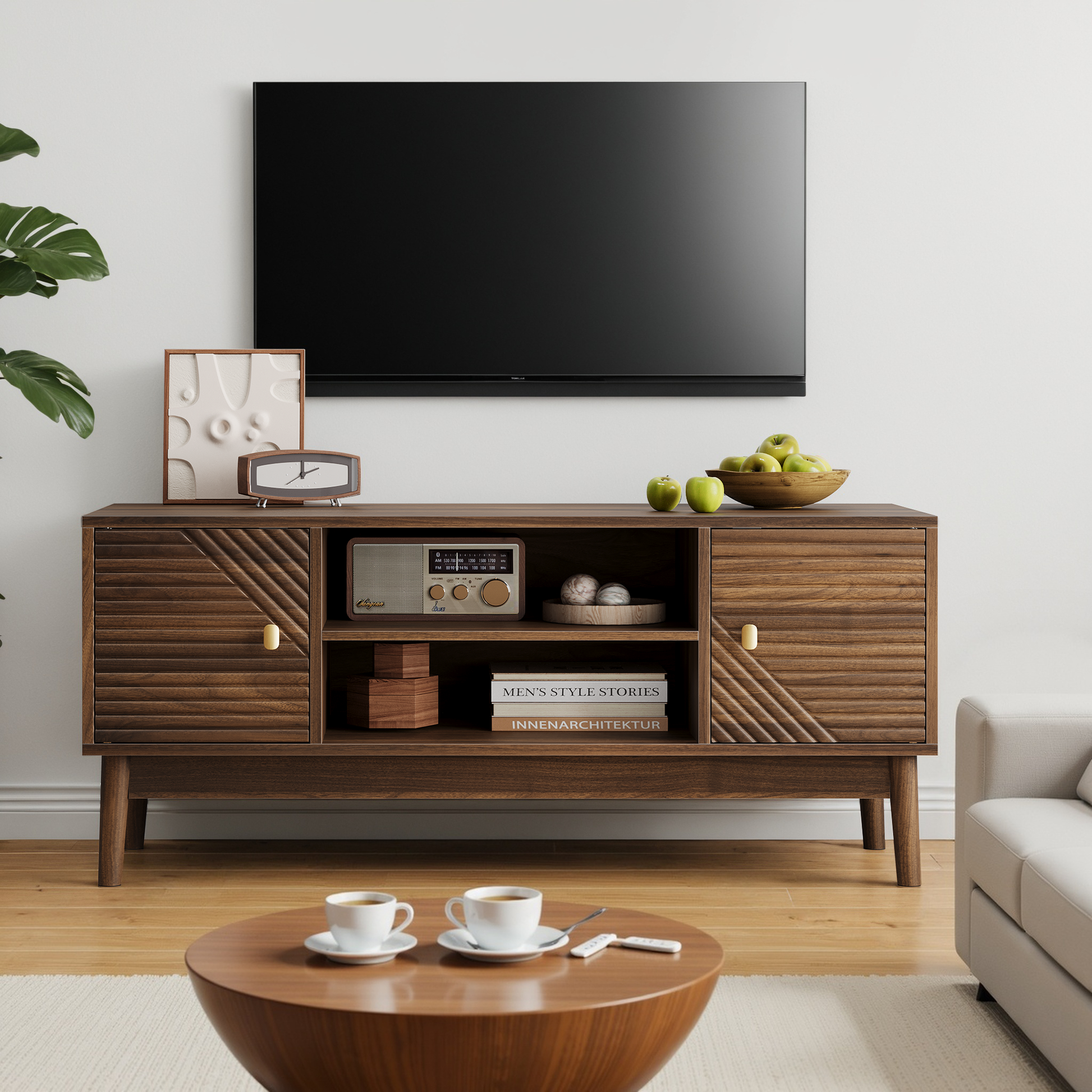 43.31 inch TV Stand, Mid-Century Modern TV Stand for 32/45 inch TV, Entertainment Center with Storage, Media Console Table for Living Room and Bedroom, Walnut image 1