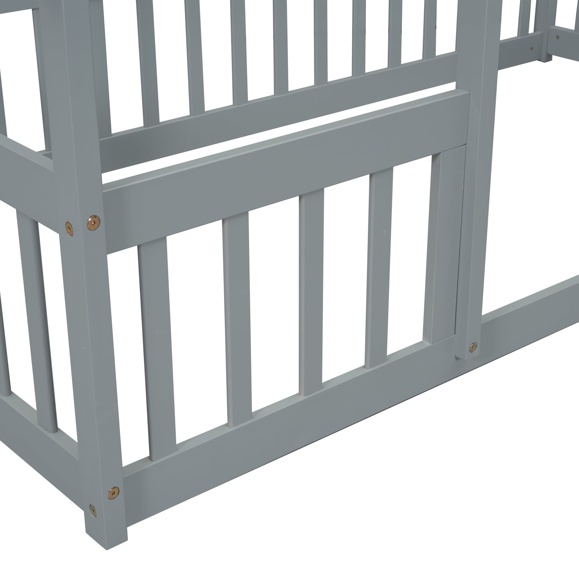 Twin Wood House-Shaped Floor Bed with Fence, Guardrails,Grey image 3