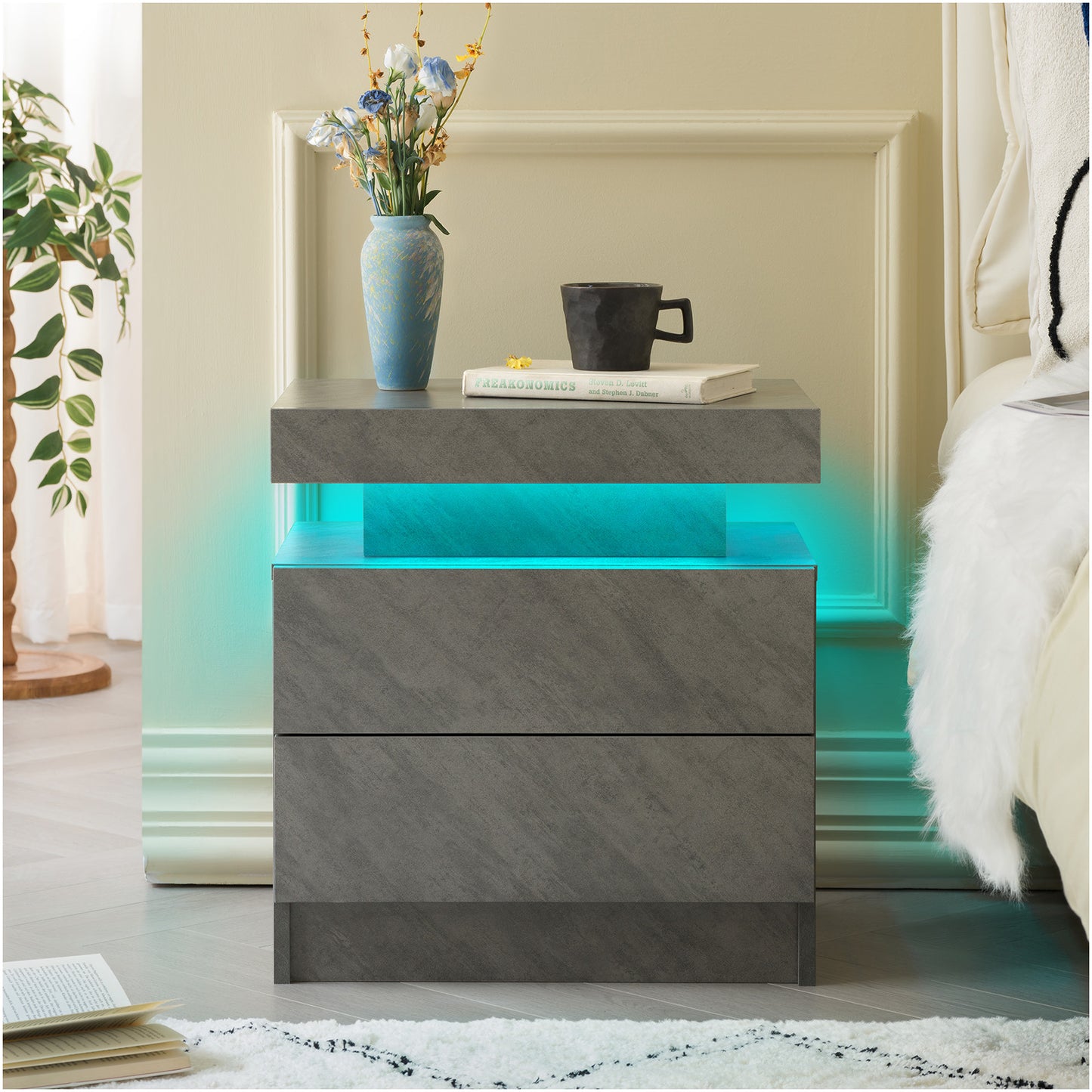 Nightstand LED Bedside Table Cabinet Lights Modern End Side with 2 Drawers for Bedroom (Deep Gray) image 1