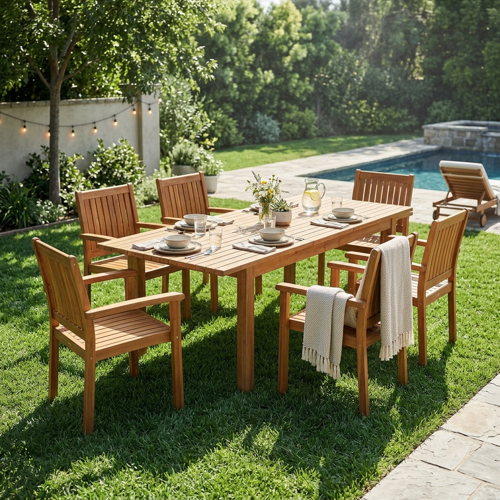 7 Pieces Acacia Wood Outdoor Dining Set s,Modern 6 Chairs 1 Large Table,Dining Furniture Set for Lawn, Backyard, Garden Deck,Poolside,Teak image 2