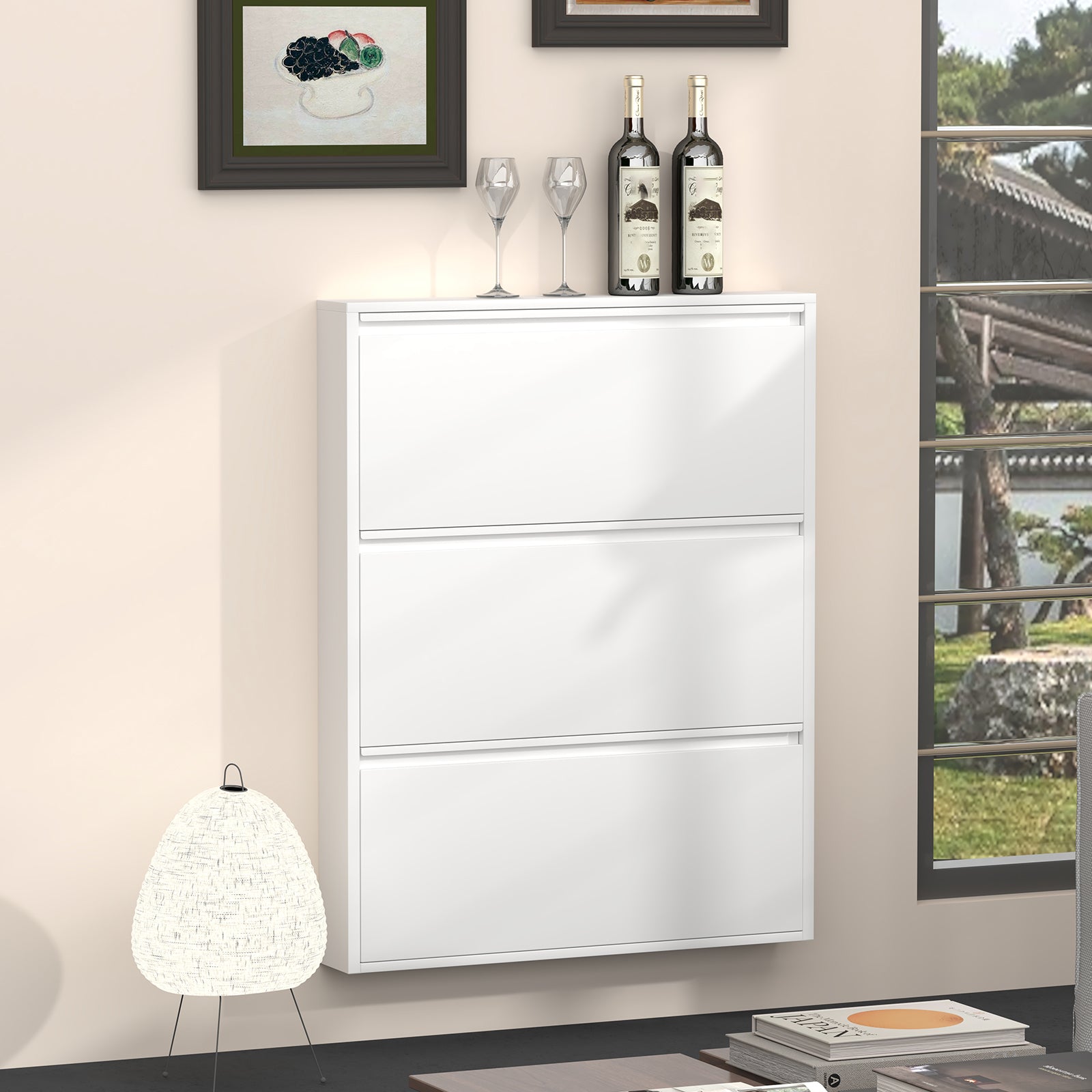 Metal Shoe Cabinet with 3 Flip Drawers, Wall Mounted Shoe Organizer, Narrow Slim Hidden Shoe Rack for Entryway,White image 3