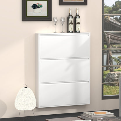 Metal Shoe Cabinet with 3 Flip Drawers, Wall Mounted Shoe Organizer, Narrow Slim Hidden Shoe Rack for Entryway,White image 3
