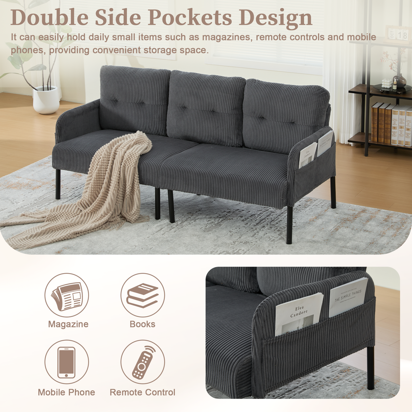 UNITED WE WIN Oversized Loveseat, Modern & Plush Double-seater Sofa, Corduroy Upholstered Couch, Cozy Bedroom Sofa with Metal Legs & Side Pockets, Ideal for Living Room, Bedroom, Dorm, Apartment image 4