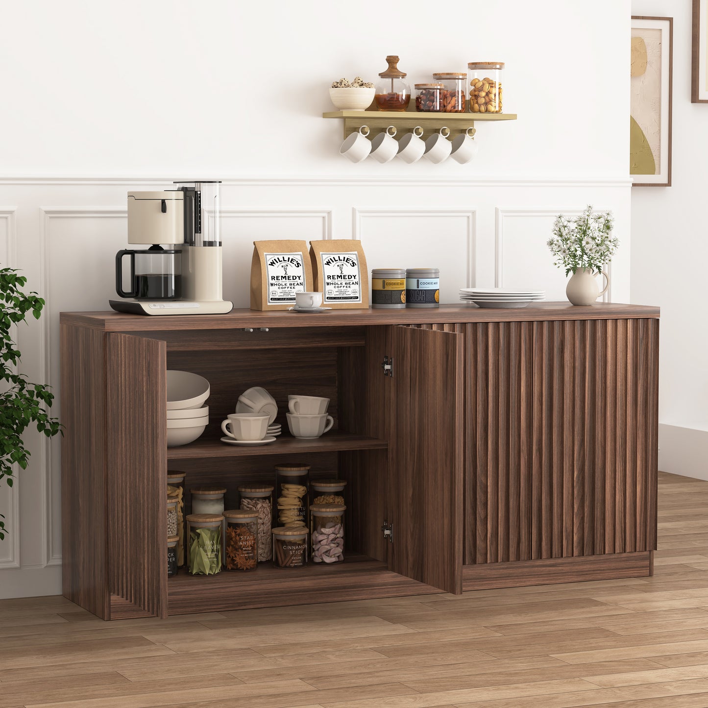 Buffet Cabinet with Storage, 62.60" Sideboard Cabinet with 4 Doors & Shelves, Wooden Kitchen Coffee Bar Credenza Storage for Living Room, Hallway Walnut image 9
