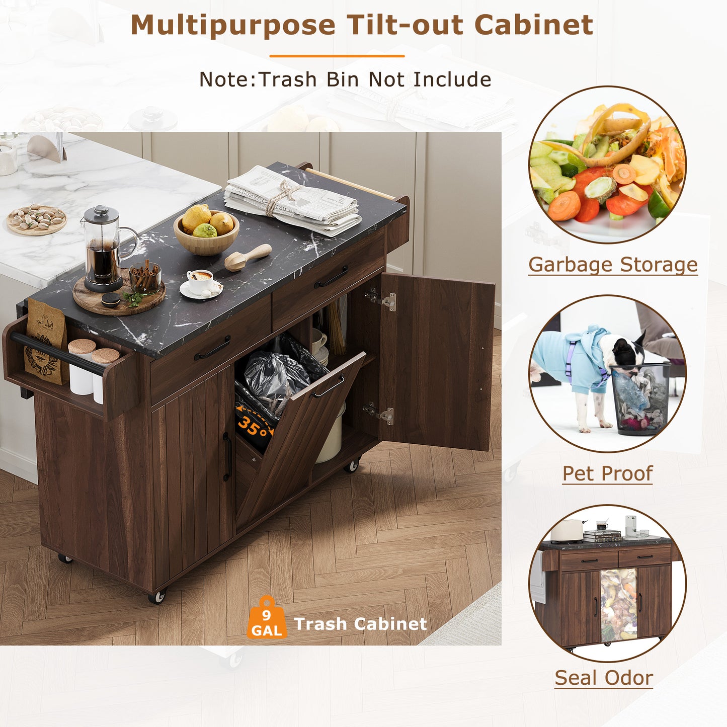 K&K Kitchen Island with Trash Can Storage Cabinet, Kitchen Cart with Drop Leaf, Spice Rack, Towel Rack and Drawer, Rolling Kitchen Island on Wheels with Adjustable Shelf, Walnut Brown image 10