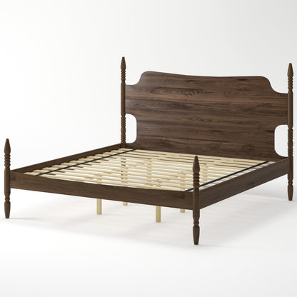 (ETA:6.4-NJ:120) King Size Platform Bed Frame, Spindle Bed with Curved Tall Headboard, No Box Spring Needed, Retro Four Poster Bed, Walnut image 8