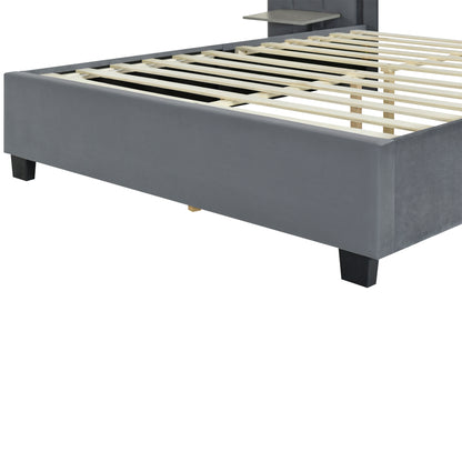 Queen Size Upholstered Platform Bed with Big Headboard, Bedroom Furniture, Velvet, Gray image 11