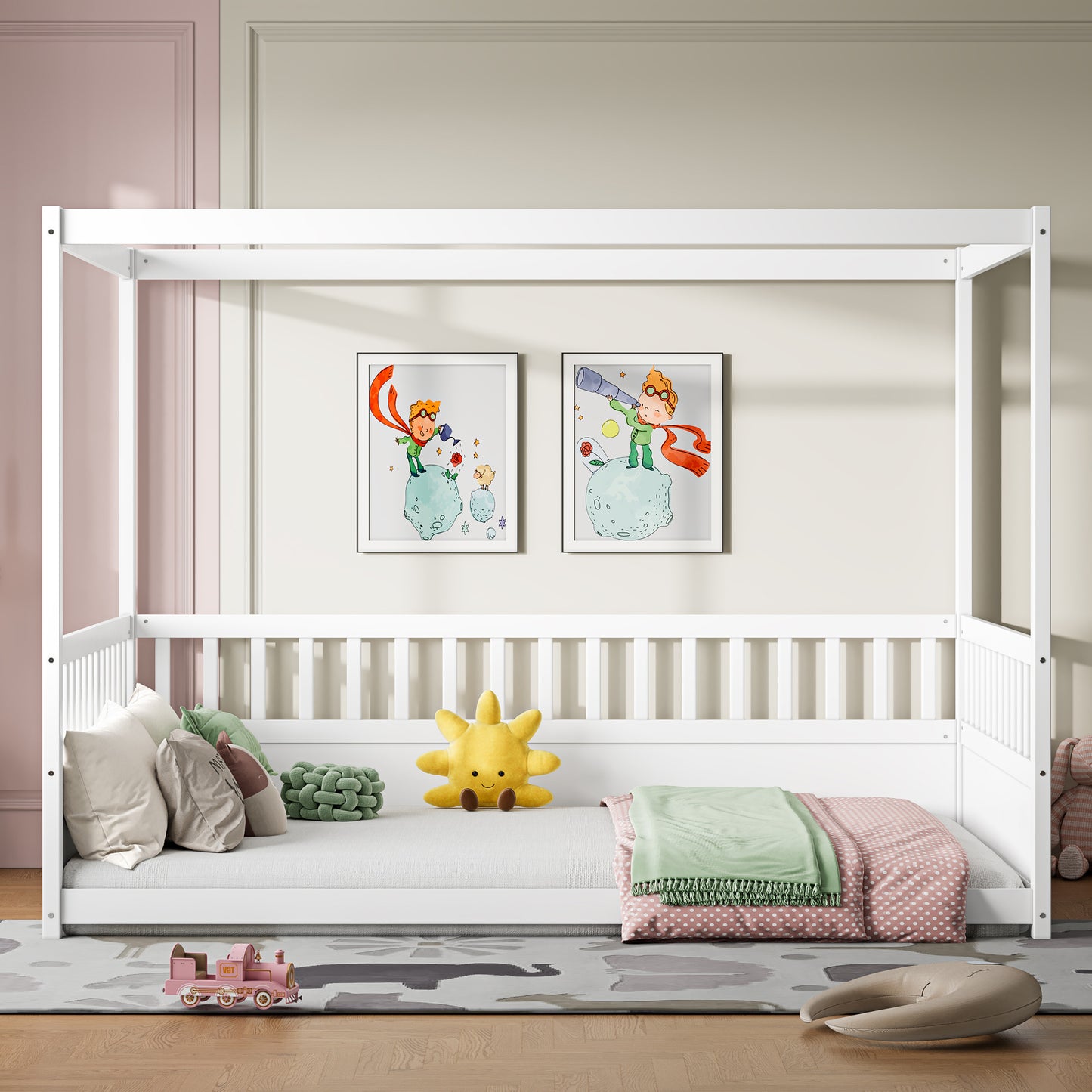 Full Size Canopy Bed Frame with Guardrails for Kids,Floor Bed Full with Four Poster Design,Kids Montessori Floor Bed,Wood Canopy Bed Frame for Girls,Boys(Full,White) image 1
