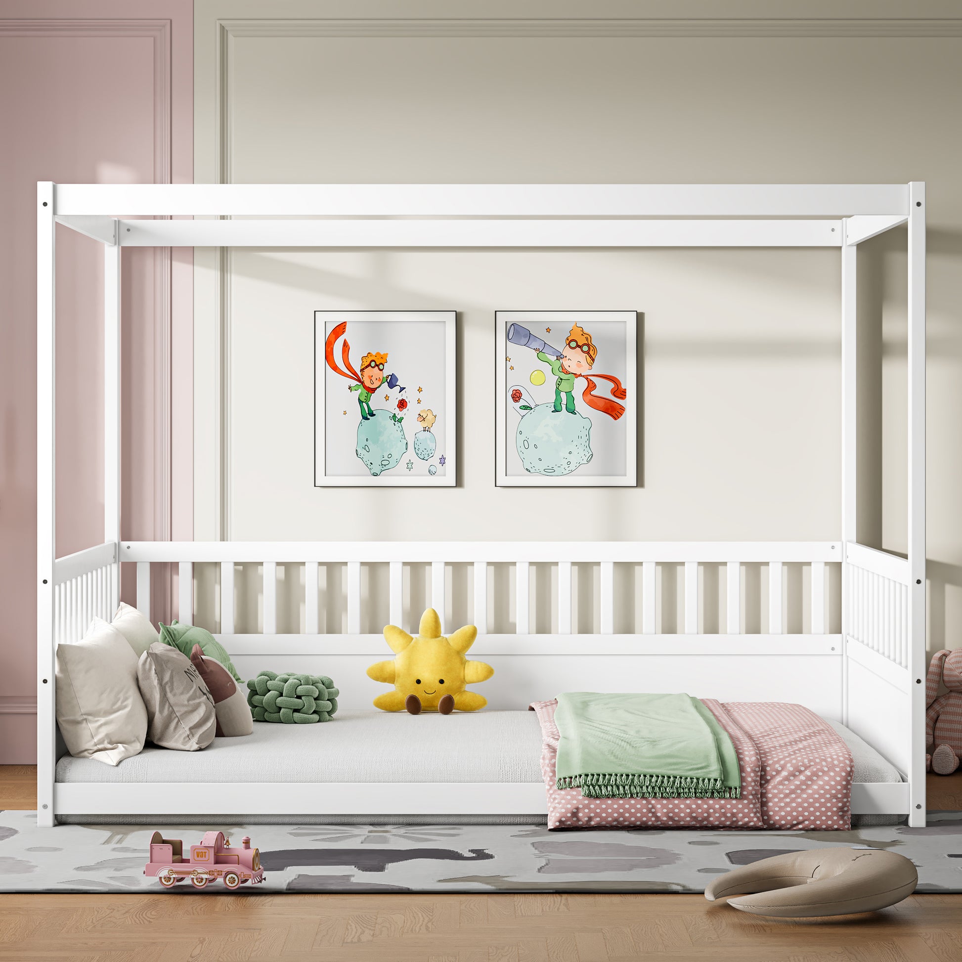 Full Size Canopy Bed Frame with Guardrails for Kids,Floor Bed Full with Four Poster Design,Kids Montessori Floor Bed,Wood Canopy Bed Frame for Girls,Boys(Full,White) image 1