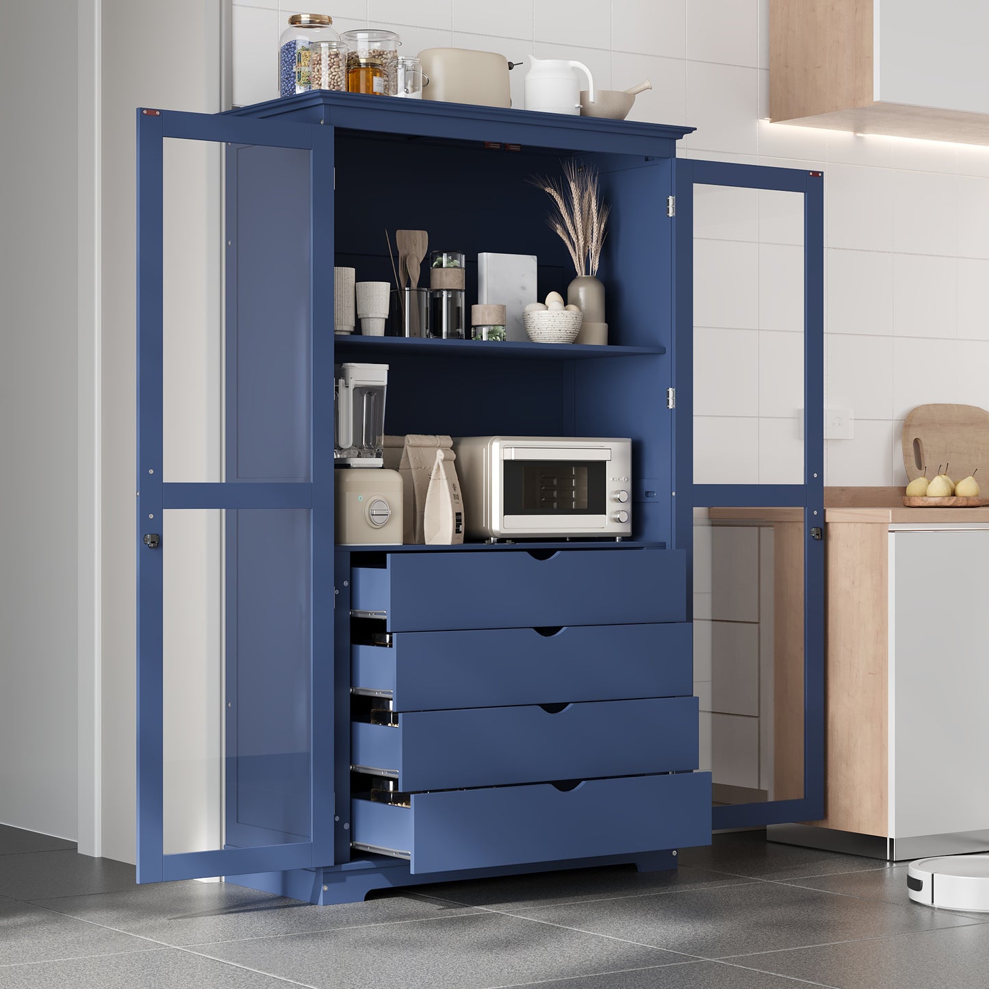 TOPMAX 44.7x20x75inch Kitchen Pantry, Freestanding Kitchen Storage Cabinet Display Cabinet with Glass Doors and 4 Built-in Drawers for Living Room, Home Office, Blue image 1