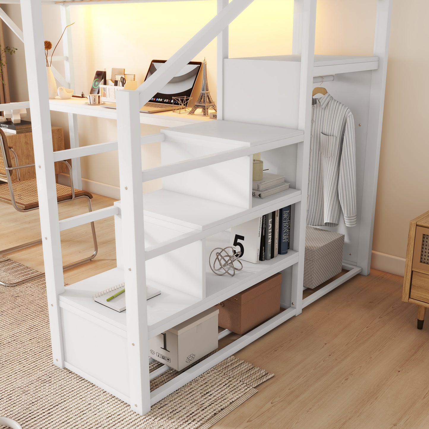 Queen Loft Bed with Desk and Charging Station, Queen Size Metal Loft Bed with Stairs and Light for Kids Teens,White(Old SKU W2580S00033) image 6