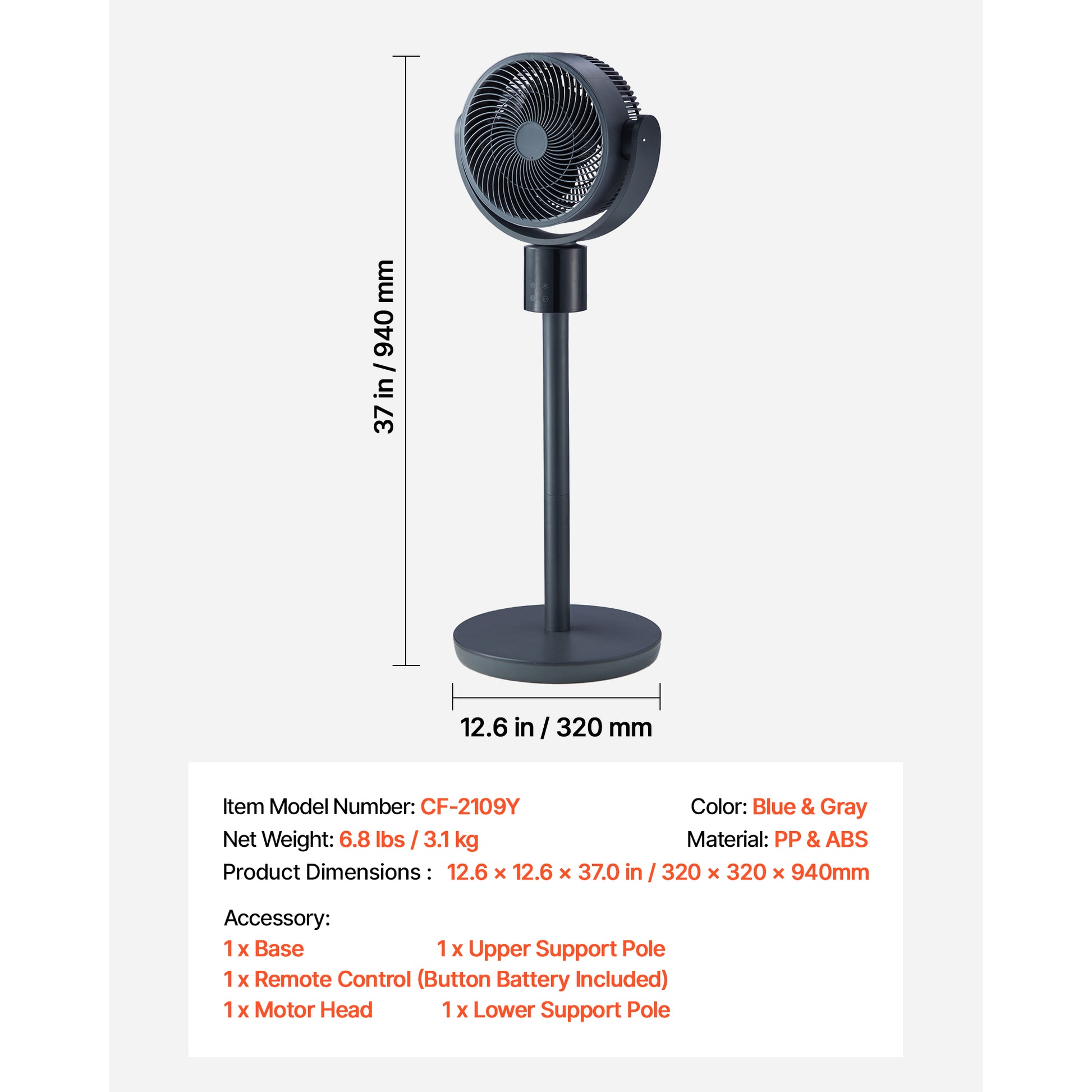 7-Inch Pedestal Fan, Oscillating Standing Floor Fan with DC Motor, Remote Control, 12 Speeds & 3 Modes, 15H Timer, Adjustable Height, Quiet for Home, Bedroom, Living Room, Study Room, Blue Gray image 8
