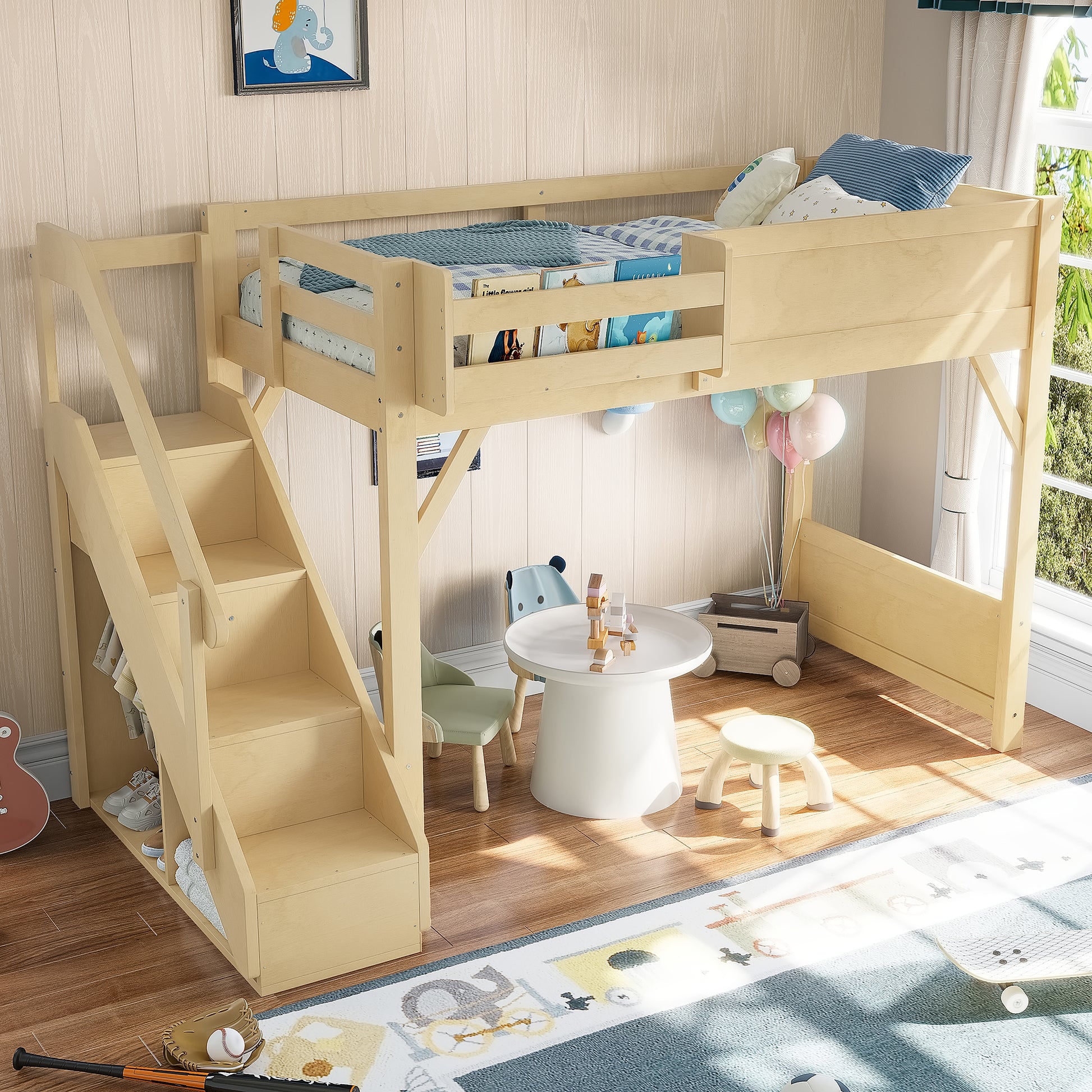 Twin Size Loft Bed with Built-in Wardrobe and Storage Space, Solid Wood Loft Bed with Beside Shelves, Full-length Guardrails and Stairs, No Box Spring Needed, Natural image 3