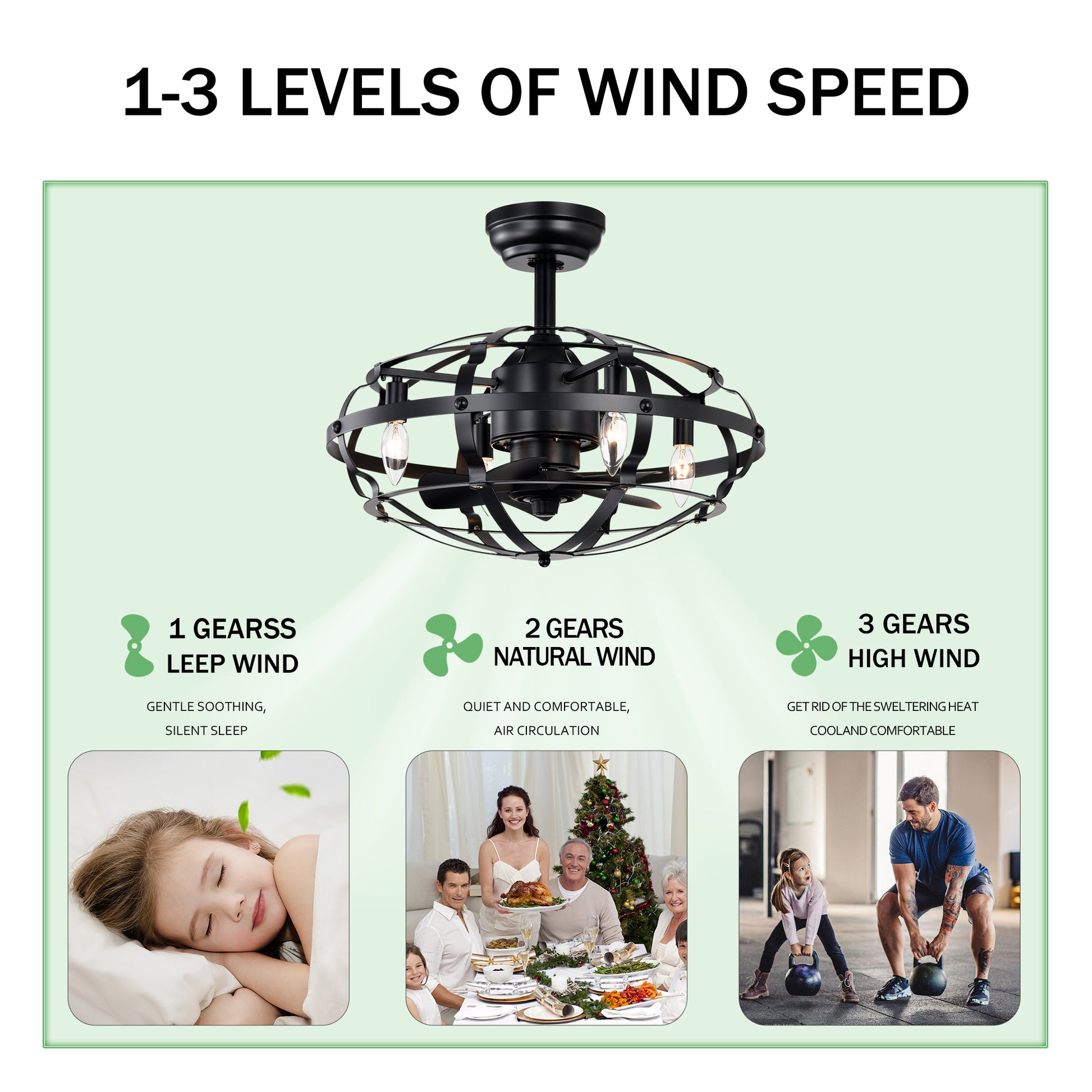 20.63 INCH Caged Ceiling Fan with Lights For Farmhouse, Bedroom Living Room bedroom--NOT Included Bulbs--Matte Black image 9