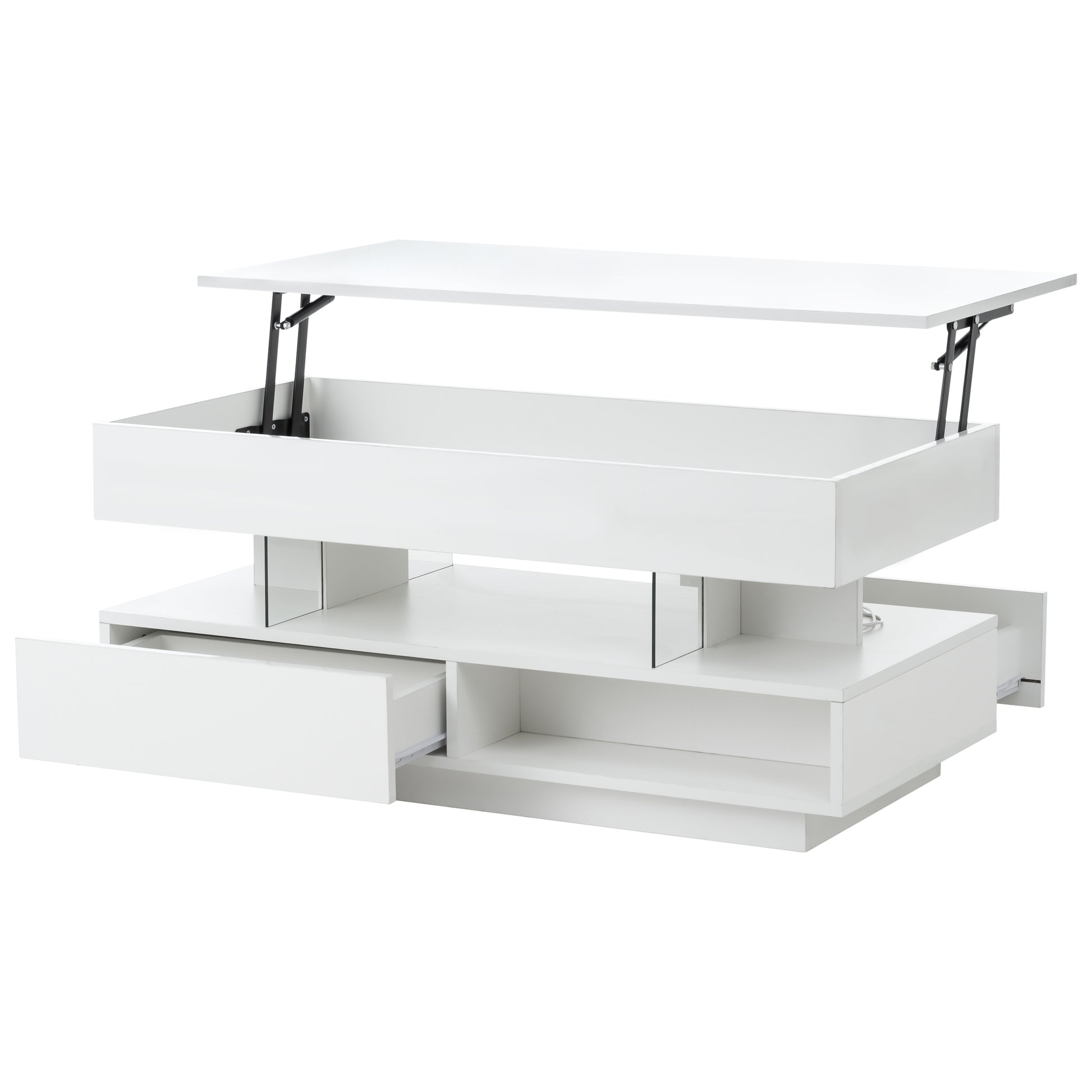 39.3" Lift Top Coffee Table with Hidden Compartment, 2 Storage Drawers and Ajustable LED Lights,Modern Multifunction Coffee Tables for Living Room, Bedroom,Office(White) image 9