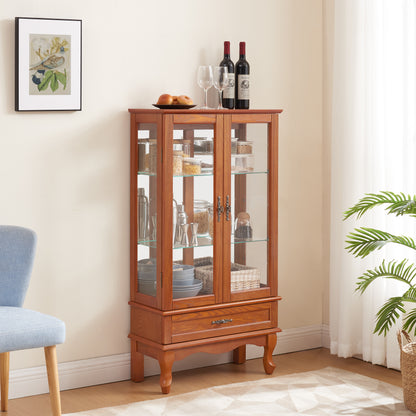 Lighted Glass Cabinet Glass Wine Cabinet Curio Display Cabinet with Adjustable Glass Shelves 2 Doors and 1 drawer Cabinet Bulb Included OAK image 2