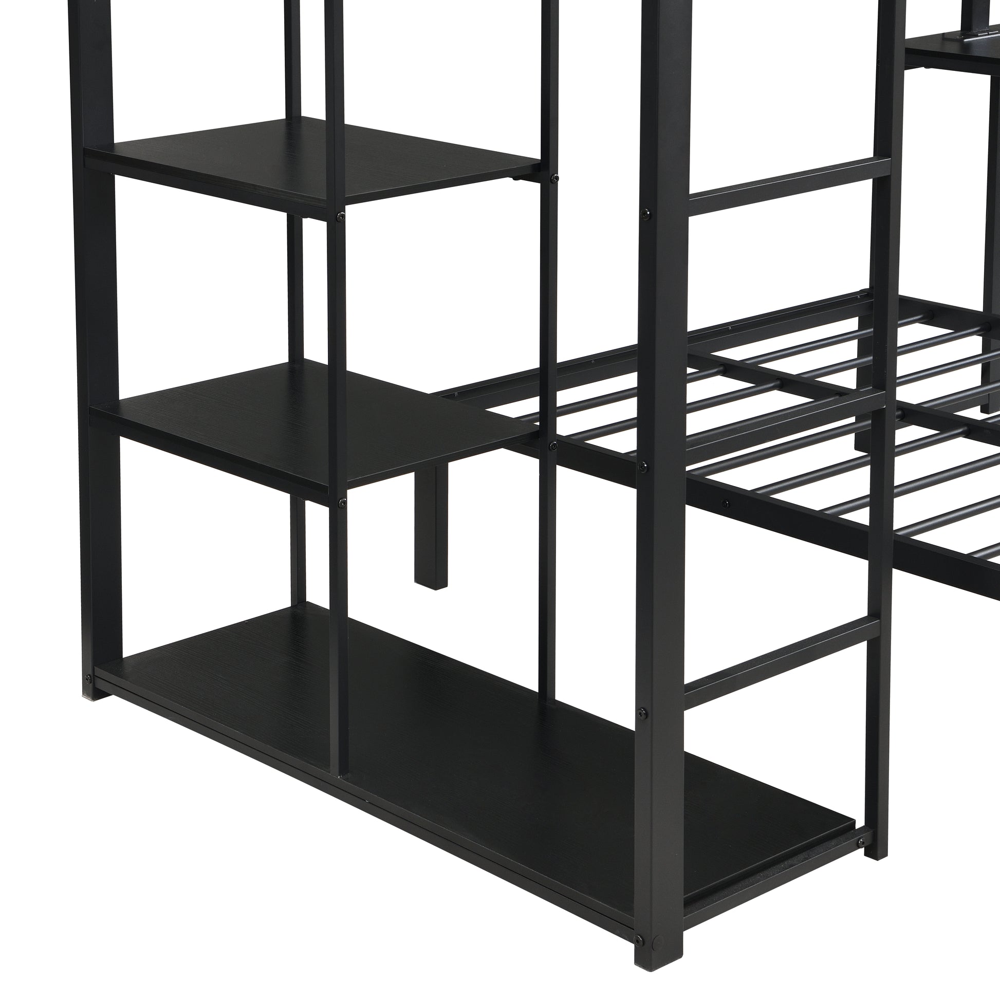 Metal Loft Bed Frame with LED Light Strip, Side Storage Shelves & Built-in Desk, TWIN/TWIN Size Metal Bunk Bed, Dorm, Apartment, Guest Room image 12