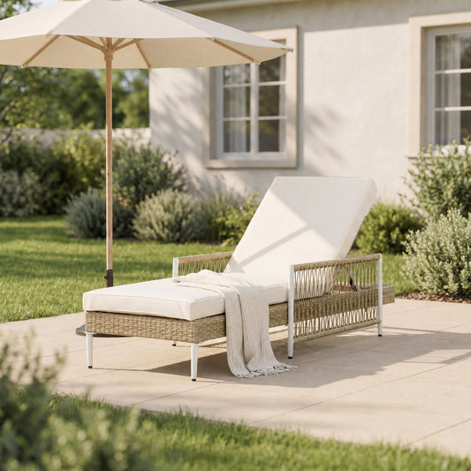 TOPMAX Outdoor All-Weather PE Rattan Chaise Lounge, Minimalist Patio Wicker Lounge Chair with 6 Gear Adjustable Recliner, Arms and Cushion for Poolside, Deck, Beige image 1