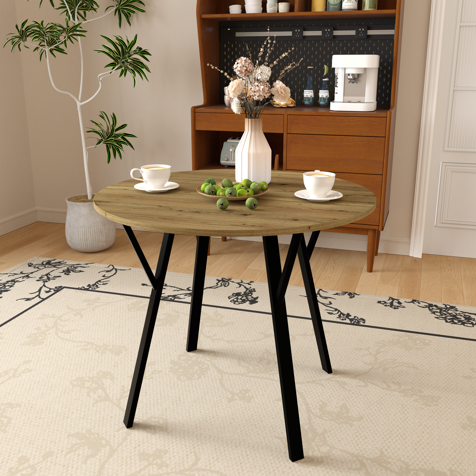 35.43 Inch Round Dining Table, Small Circle Kitchen Table with Metal Black Legs for 2-4 people,Modern Dining Room Table, Brown (only table) image 12
