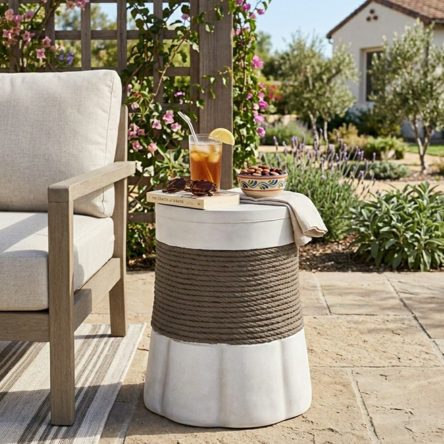 Outdoor Light Gray & Brown Retro Woven Rope & Fan-Base MGO Side Table – End Table for Home, Office, Living Room & Outdoor image 2