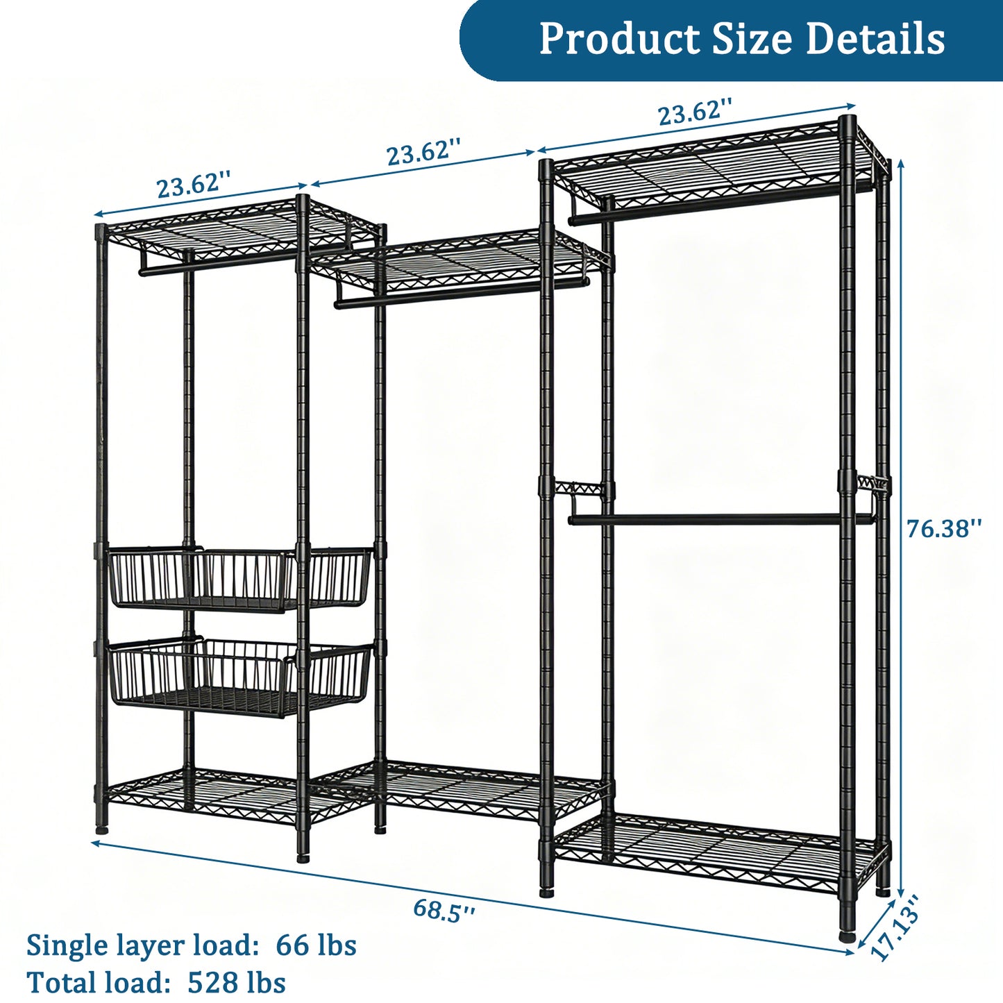 Heavy Duty Clothes Rack, Freestanding Garment Rack with 4 Hanging Rods & 2 Wire Baskets, Large Size Clothing Rack with Adjustable Wire Shelves, 68.5" W x 17.1" D x 76.4" H, Black image 12