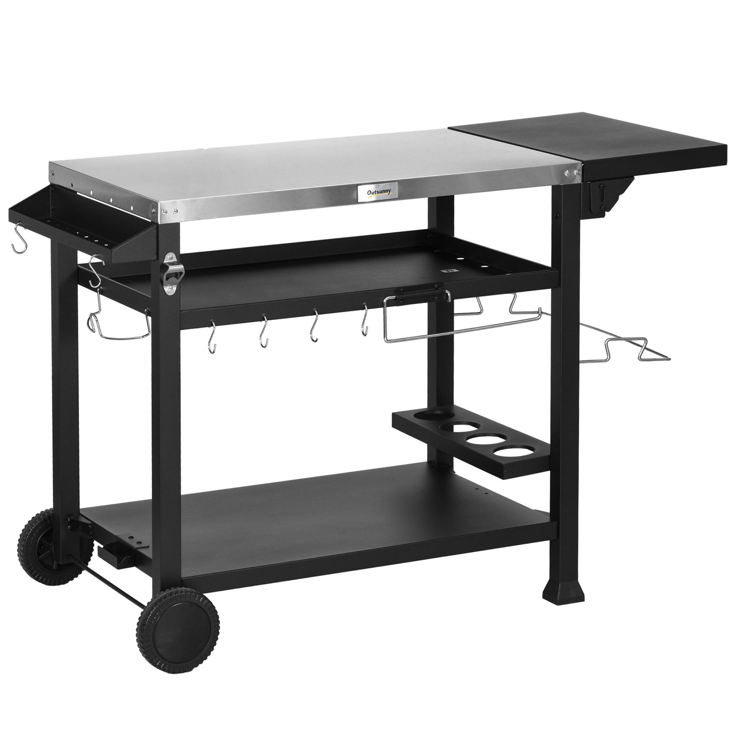 Outsunny Outdoor Grill Cart with Foldable Side Table, 46" x 21.75" Multifunctional Stainless Steel Pizza Oven Stand with Three-Shelf, Movable Food Prep Table on Wheels, Black image 1