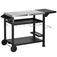 Outsunny Outdoor Grill Cart with Foldable Side Table, 46" x 21.75" Multifunctional Stainless Steel Pizza Oven Stand with Three-Shelf, Movable Food Prep Table on Wheels, Black
